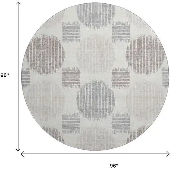 8' Ivory Beige And Gray Geometric Washable Round Rug With UV Protection Photo 8