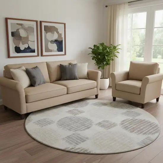 8' Ivory Beige And Gray Geometric Washable Round Rug With UV Protection Photo 1