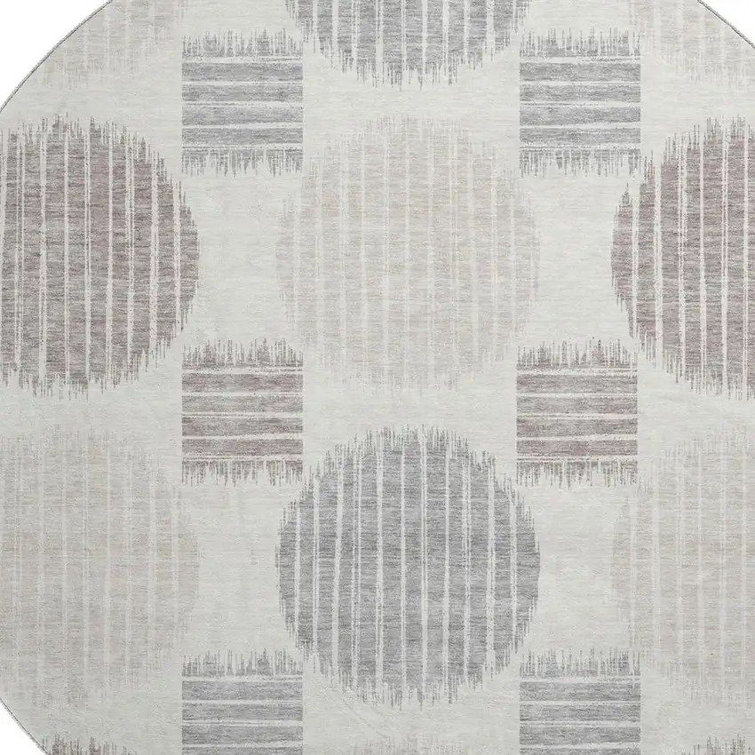 8' Ivory Beige And Gray Geometric Washable Round Rug With UV Protection Photo 3