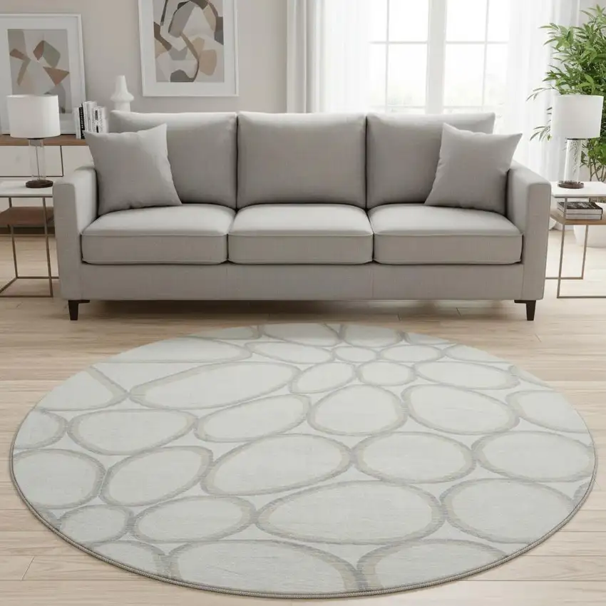 8' Ivory Beige And Gray Geometric Washable Round Rug With UV Protection Photo 2
