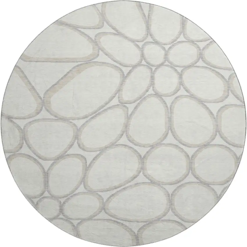 8' Ivory Beige And Gray Geometric Washable Round Rug With UV Protection Photo 1