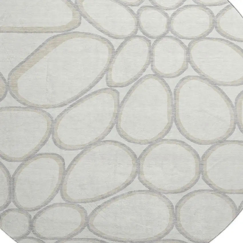 8' Ivory Beige And Gray Geometric Washable Round Rug With UV Protection Photo 2