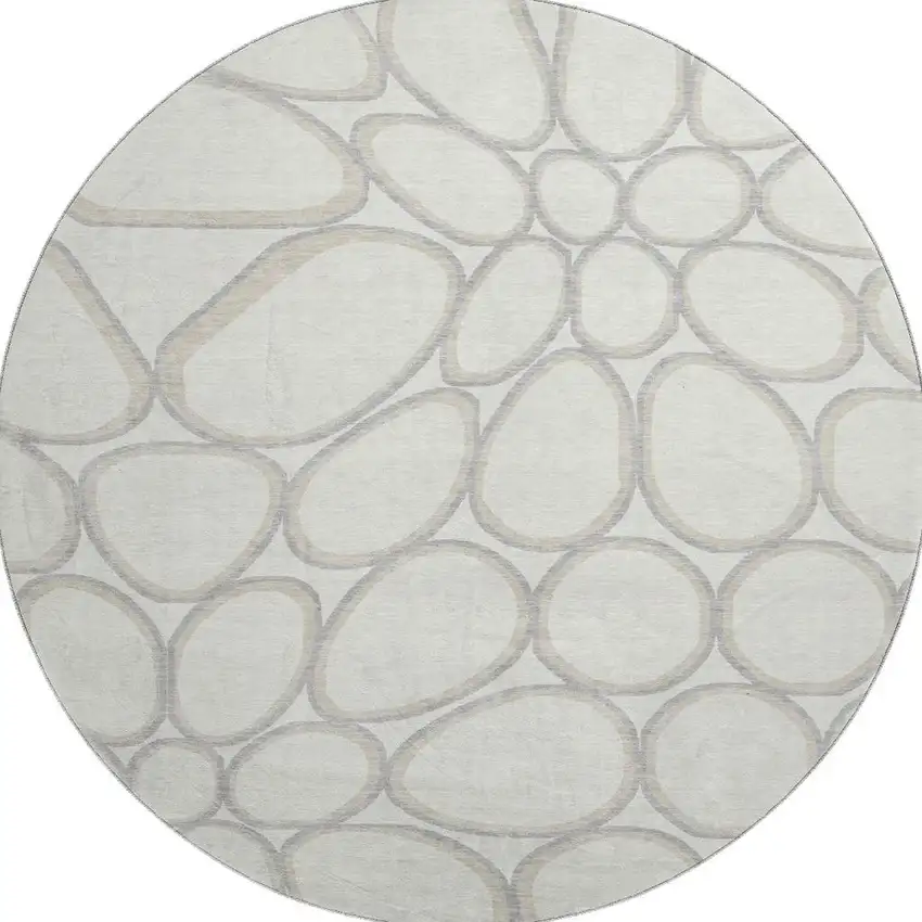 8' Ivory Beige And Gray Geometric Washable Round Rug With UV Protection Photo 3