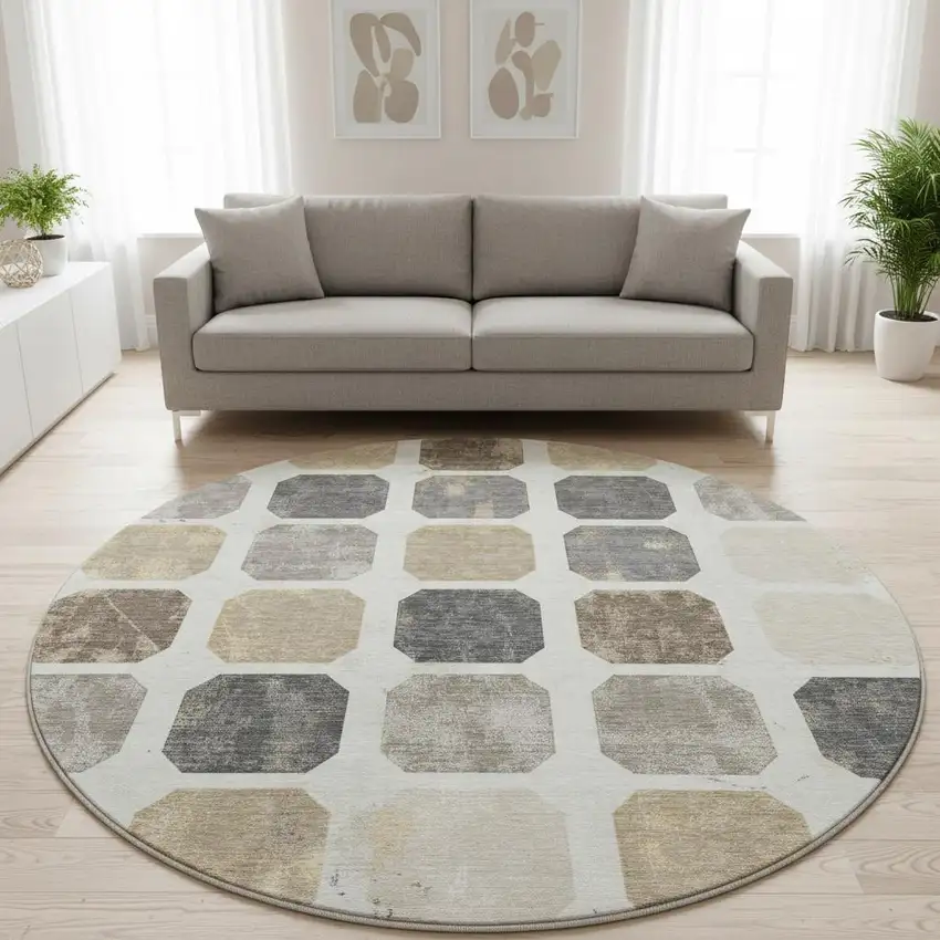 8' Ivory Beige And Gray Geometric Washable Round Rug With UV Protection Photo 2