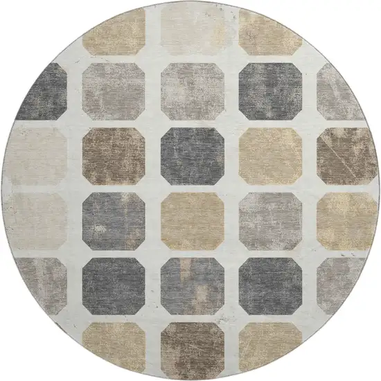 8' Ivory Beige And Gray Geometric Washable Round Rug With UV Protection Photo 1