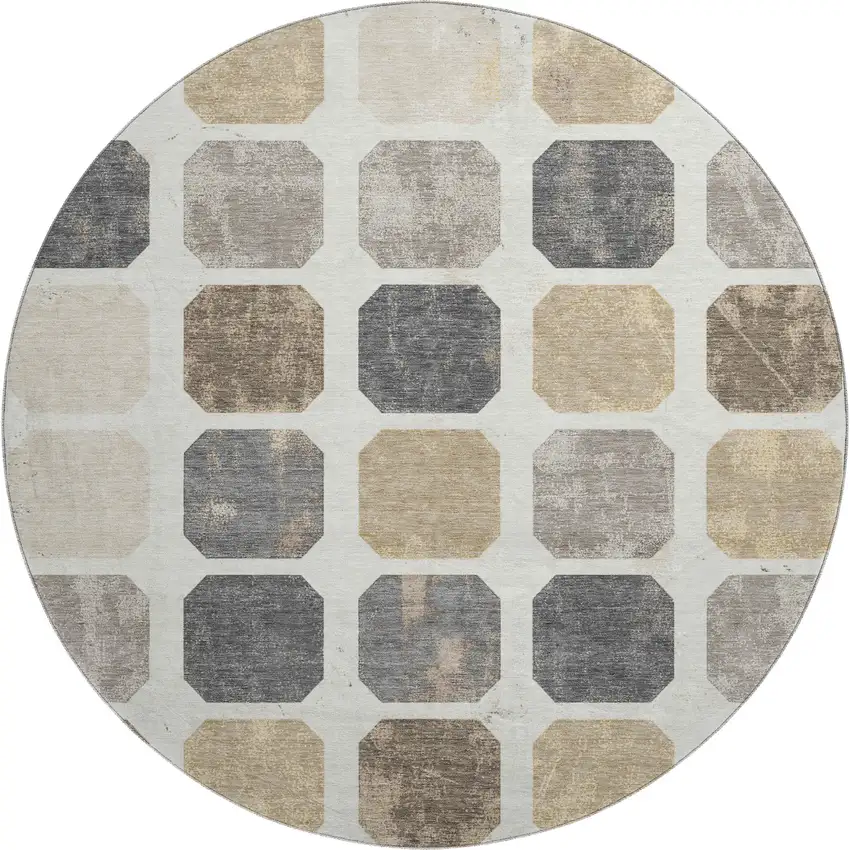 8' Ivory Beige And Gray Geometric Washable Round Rug With UV Protection Photo 1