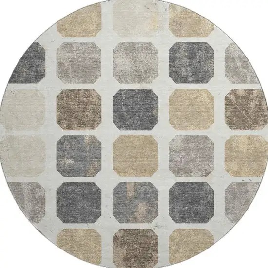 8' Ivory Beige And Gray Geometric Washable Round Rug With UV Protection Photo 4