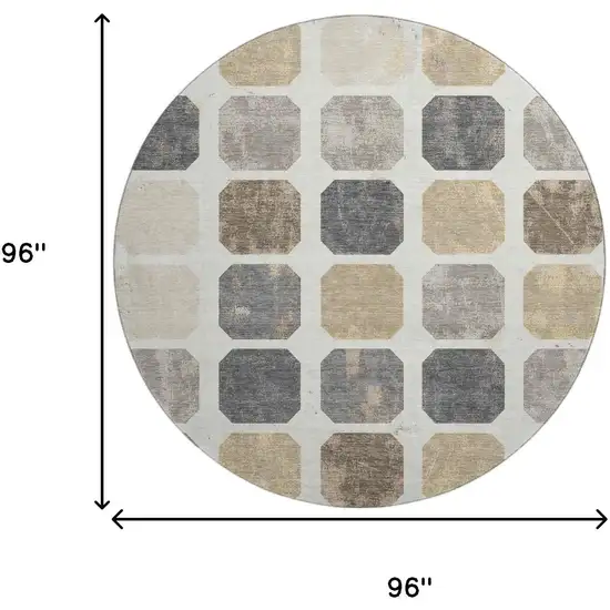 8' Ivory Beige And Gray Geometric Washable Round Rug With UV Protection Photo 9