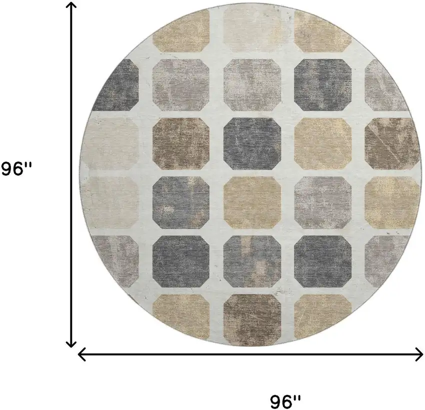 8' Ivory Beige And Gray Geometric Washable Round Rug With UV Protection Photo 9