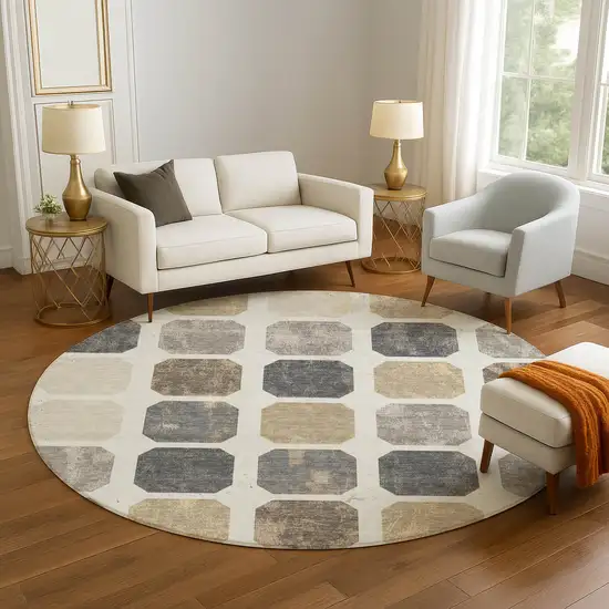 8' Ivory Beige And Gray Geometric Washable Round Rug With UV Protection Photo 5