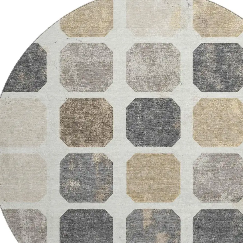 8' Ivory Beige And Gray Geometric Washable Round Rug With UV Protection Photo 3