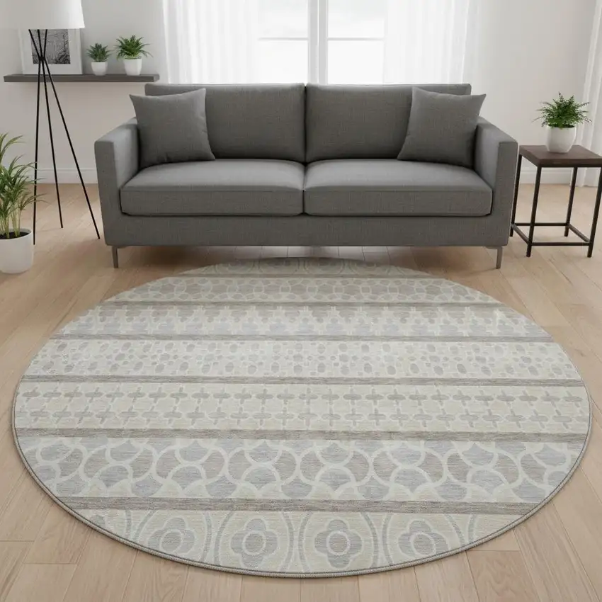 8' Ivory Beige And Gray Ikat Washable Round Rug With UV Protection Photo 2