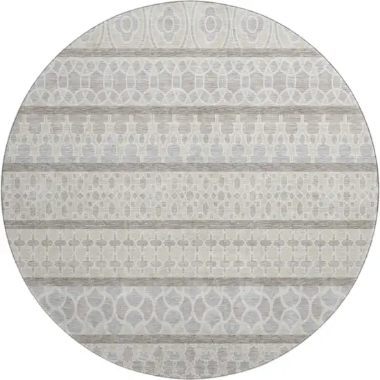 8' Ivory Beige And Gray Ikat Washable Round Rug With UV Protection Photo 1
