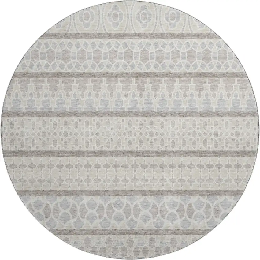 8' Ivory Beige And Gray Ikat Washable Round Rug With UV Protection Photo 1