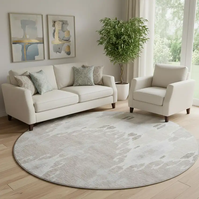 8' Ivory Beige And Gray Ikat Washable Round Rug With UV Protection Photo 1