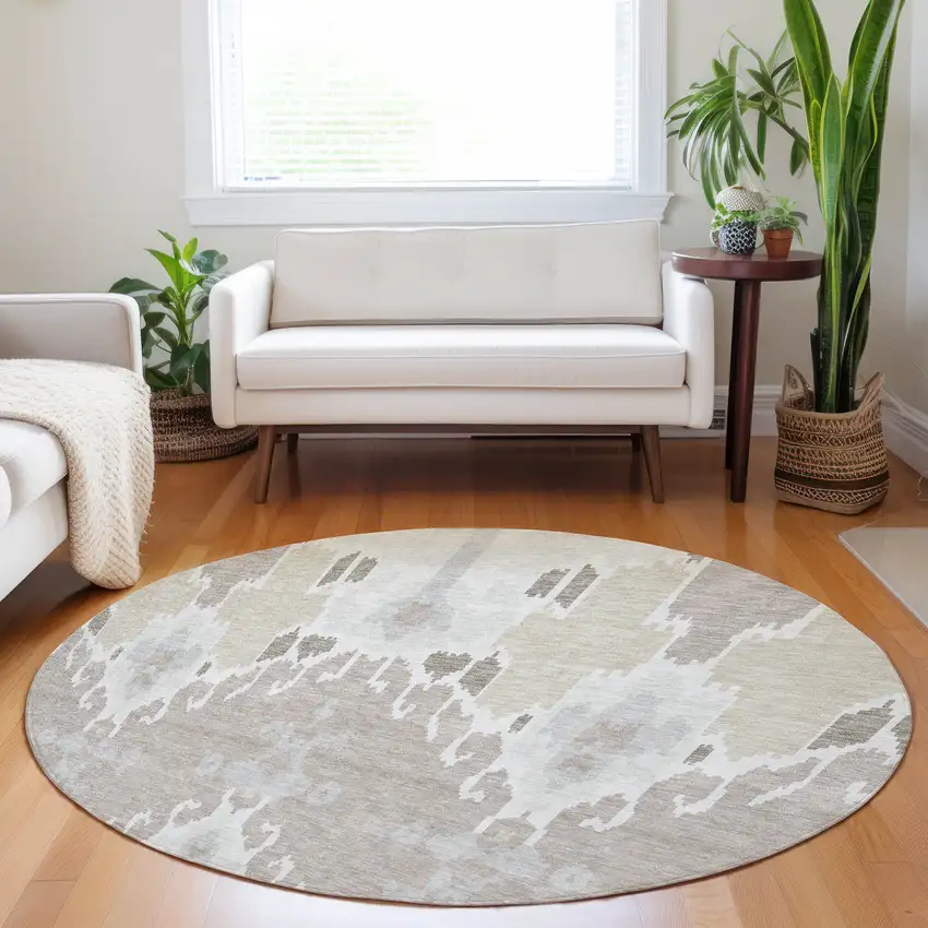 8' Ivory Beige And Gray Ikat Washable Round Rug With UV Protection Photo 5