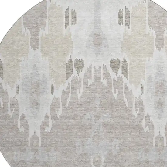 8' Ivory Beige And Gray Ikat Washable Round Rug With UV Protection Photo 3