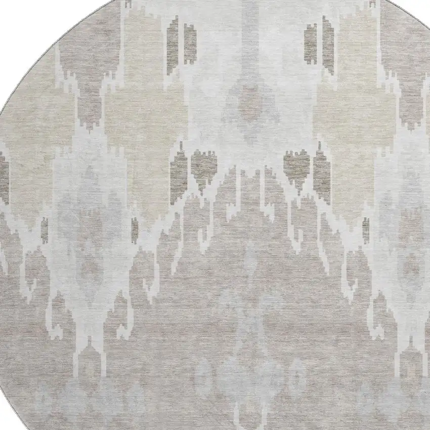 8' Ivory Beige And Gray Ikat Washable Round Rug With UV Protection Photo 3
