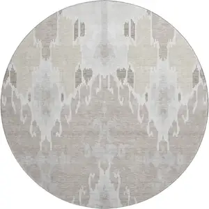 Photo of 8' Ivory Beige And Gray Ikat Washable Round Rug With UV Protection