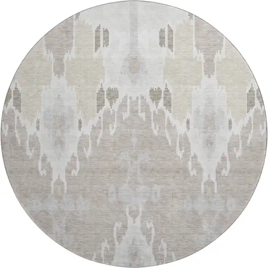 8' Ivory Beige And Gray Ikat Washable Round Rug With UV Protection Photo 1