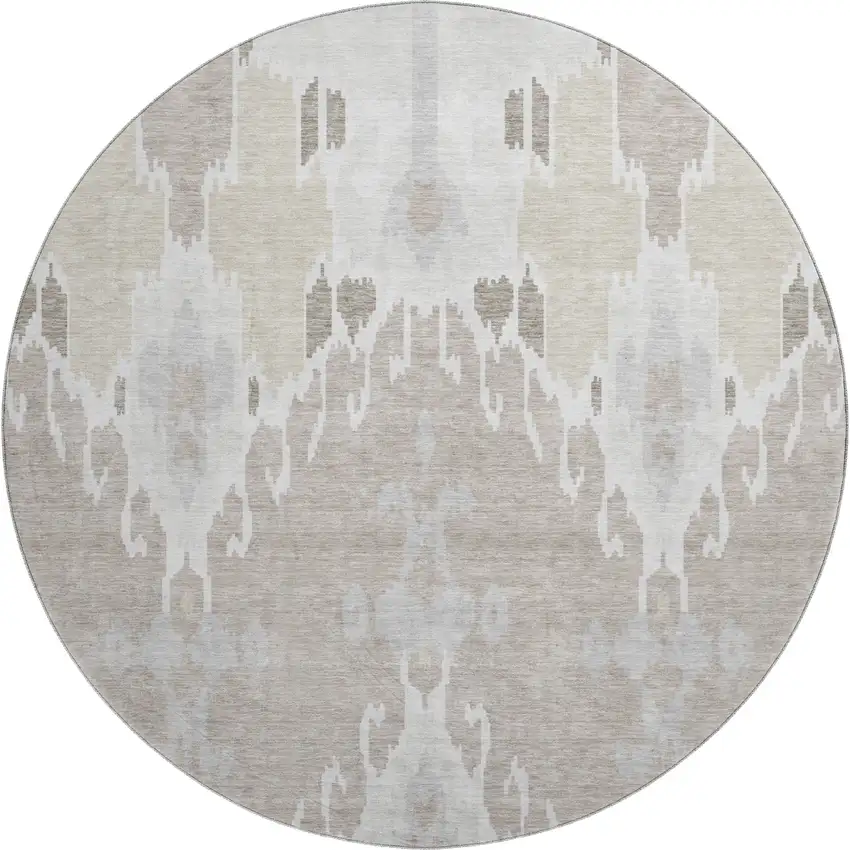 8' Ivory Beige And Gray Ikat Washable Round Rug With UV Protection Photo 1