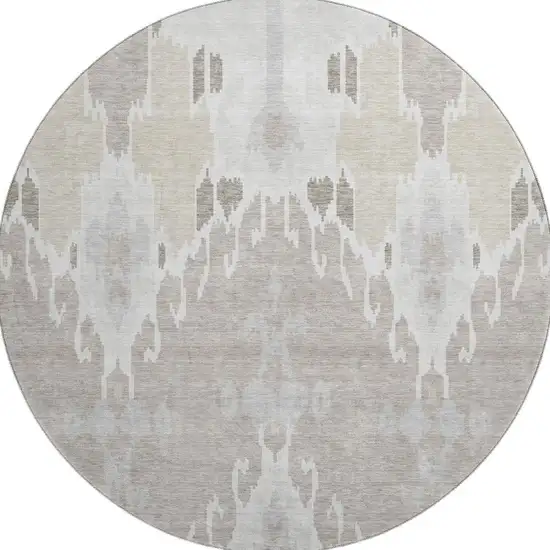 8' Ivory Beige And Gray Ikat Washable Round Rug With UV Protection Photo 4