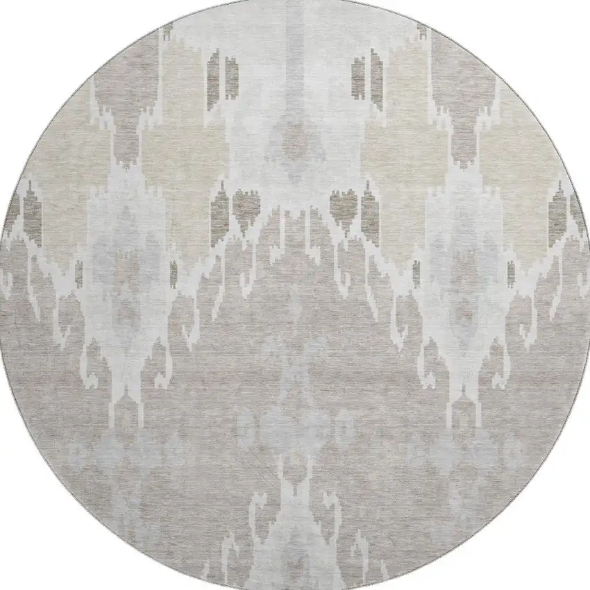 8' Ivory Beige And Gray Ikat Washable Round Rug With UV Protection Photo 4