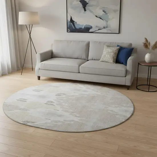 8' Ivory Beige And Gray Ikat Washable Round Rug With UV Protection Photo 2