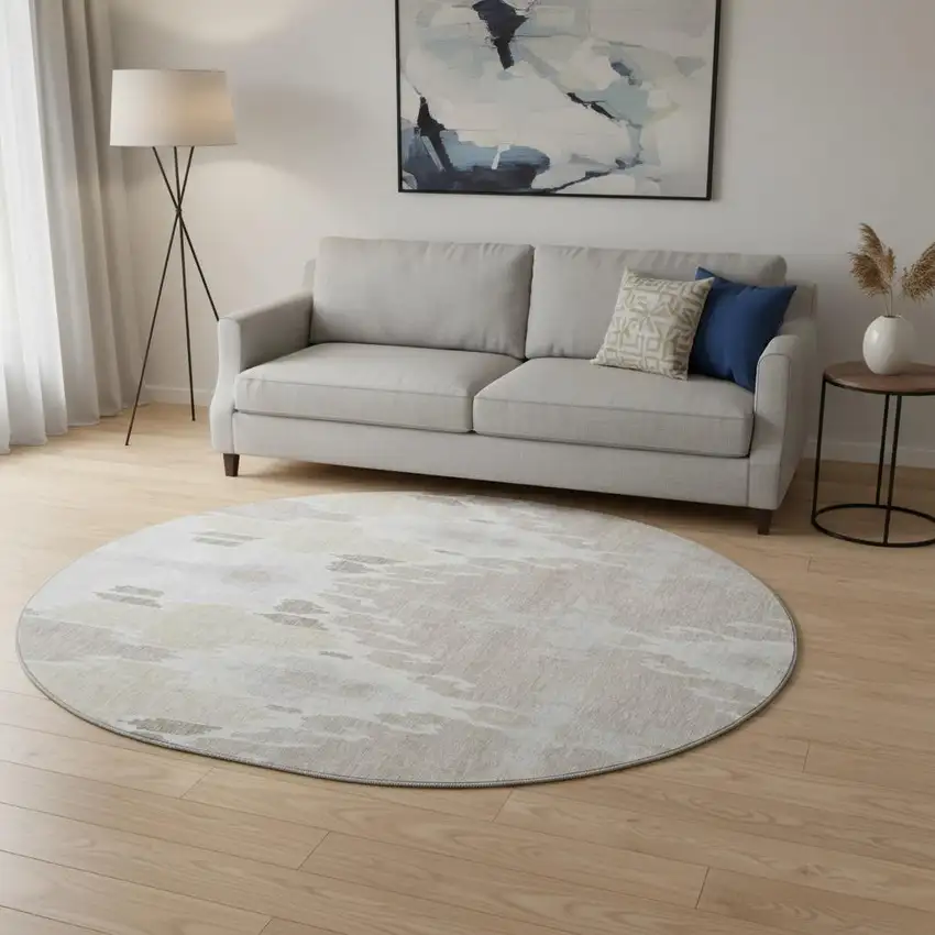 8' Ivory Beige And Gray Ikat Washable Round Rug With UV Protection Photo 2