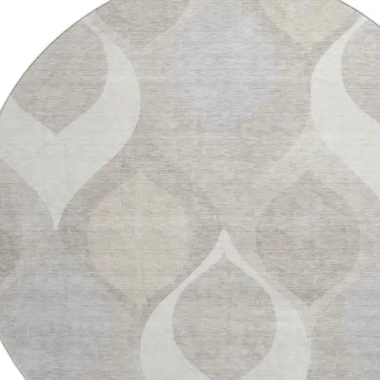 8' Ivory Beige And Gray Ogee Washable Round Rug With UV Protection Photo 3