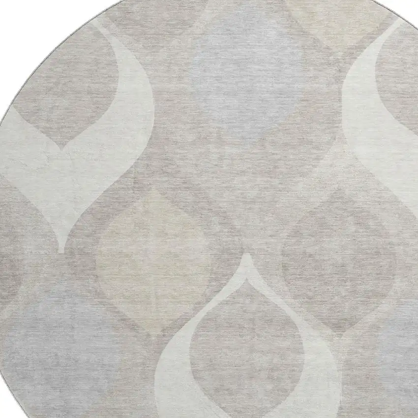 8' Ivory Beige And Gray Ogee Washable Round Rug With UV Protection Photo 3