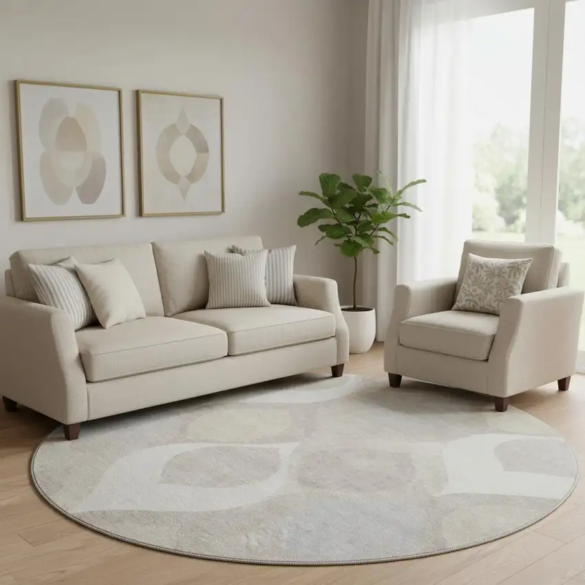 8' Ivory Beige And Gray Ogee Washable Round Rug With UV Protection Photo 1