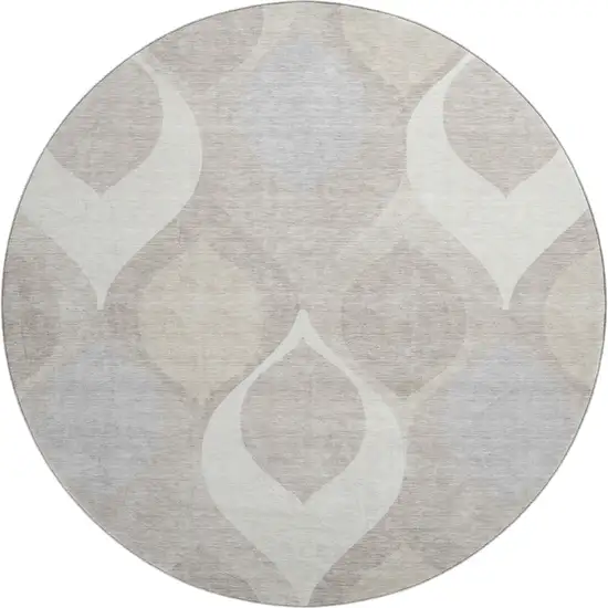 8' Ivory Beige And Gray Ogee Washable Round Rug With UV Protection Photo 1