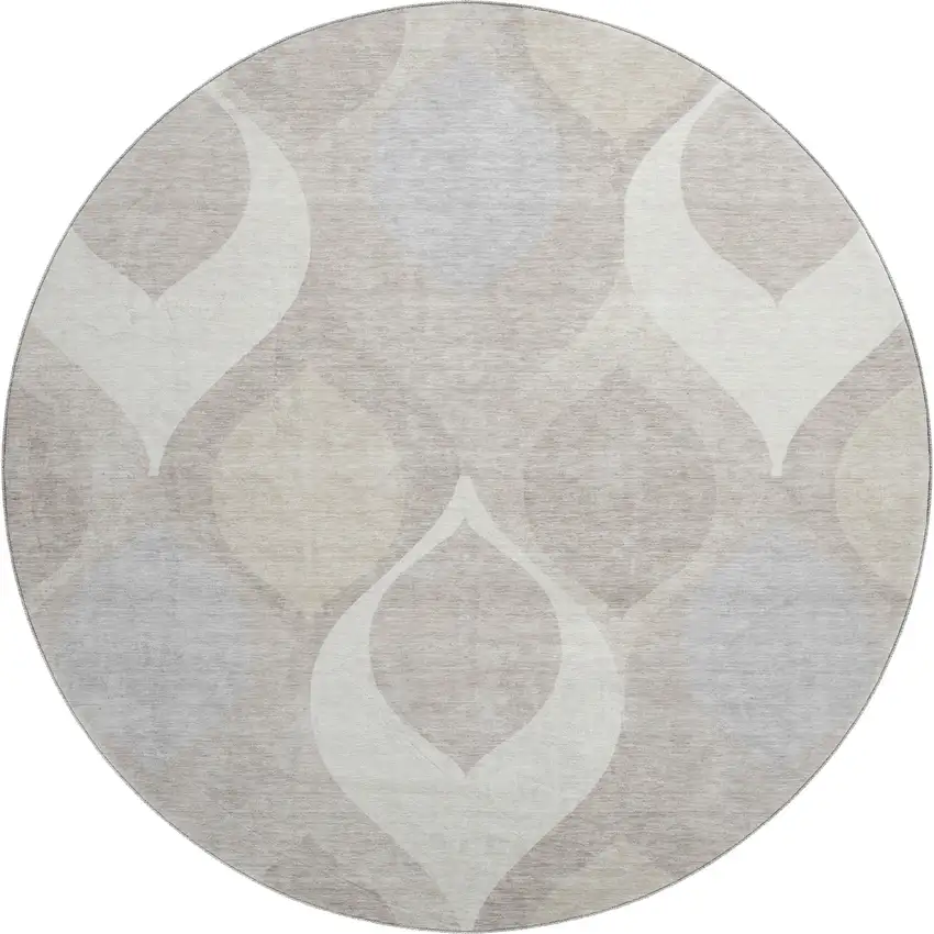 8' Ivory Beige And Gray Ogee Washable Round Rug With UV Protection Photo 1