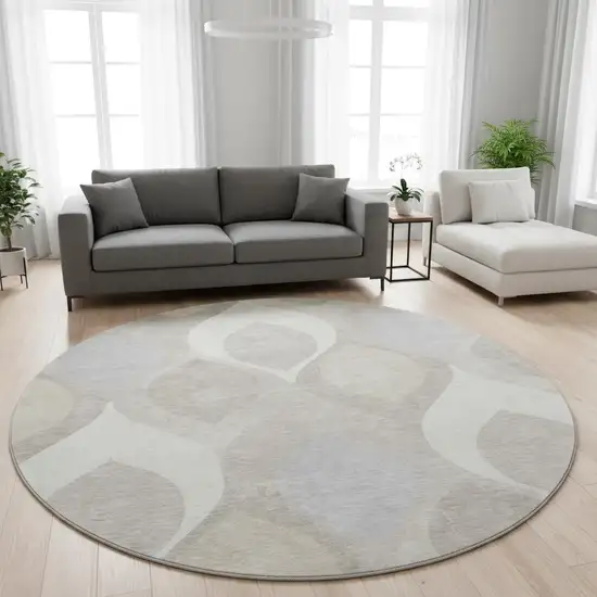 8' Ivory Beige And Gray Ogee Washable Round Rug With UV Protection Photo 2