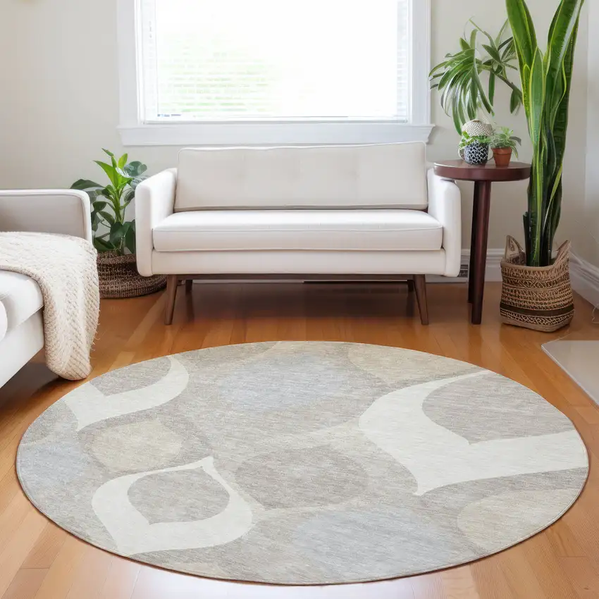 8' Ivory Beige And Gray Ogee Washable Round Rug With UV Protection Photo 5