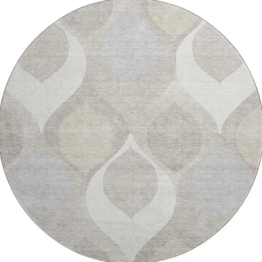 8' Ivory Beige And Gray Ogee Washable Round Rug With UV Protection Photo 4