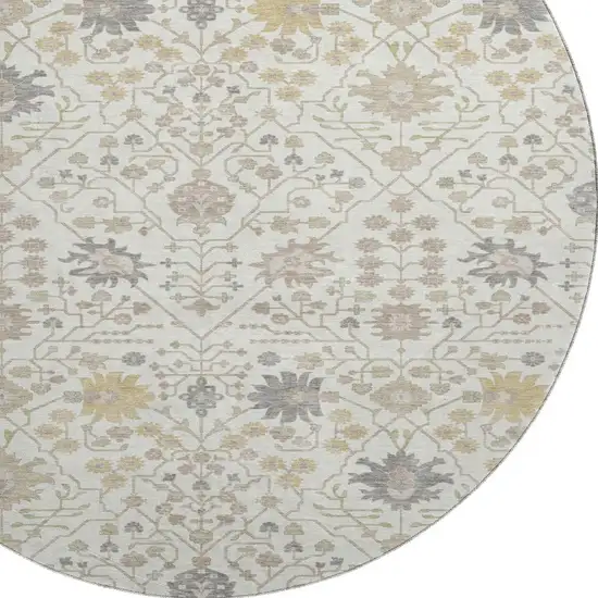 8' Ivory Beige And Gray Oriental Washable Round Rug With UV Protection Photo 2