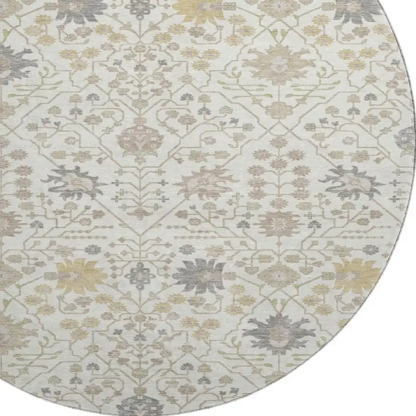 8' Ivory Beige And Gray Oriental Washable Round Rug With UV Protection Photo 2