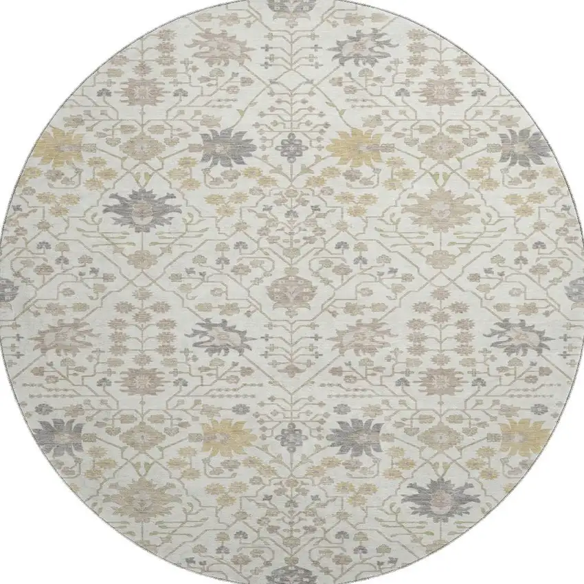 8' Ivory Beige And Gray Oriental Washable Round Rug With UV Protection Photo 3