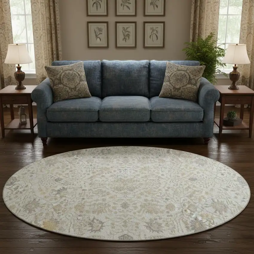 8' Ivory Beige And Gray Oriental Washable Round Rug With UV Protection Photo 2