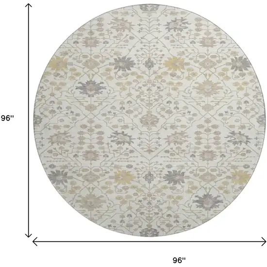 8' Ivory Beige And Gray Oriental Washable Round Rug With UV Protection Photo 9
