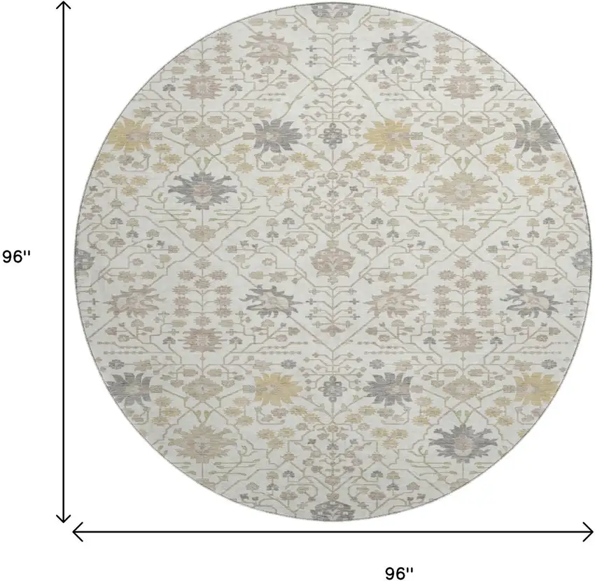8' Ivory Beige And Gray Oriental Washable Round Rug With UV Protection Photo 9