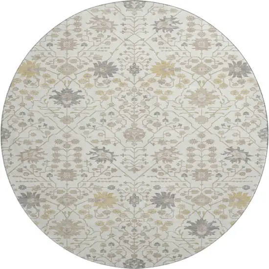 8' Ivory Beige And Gray Oriental Washable Round Rug With UV Protection Photo 1