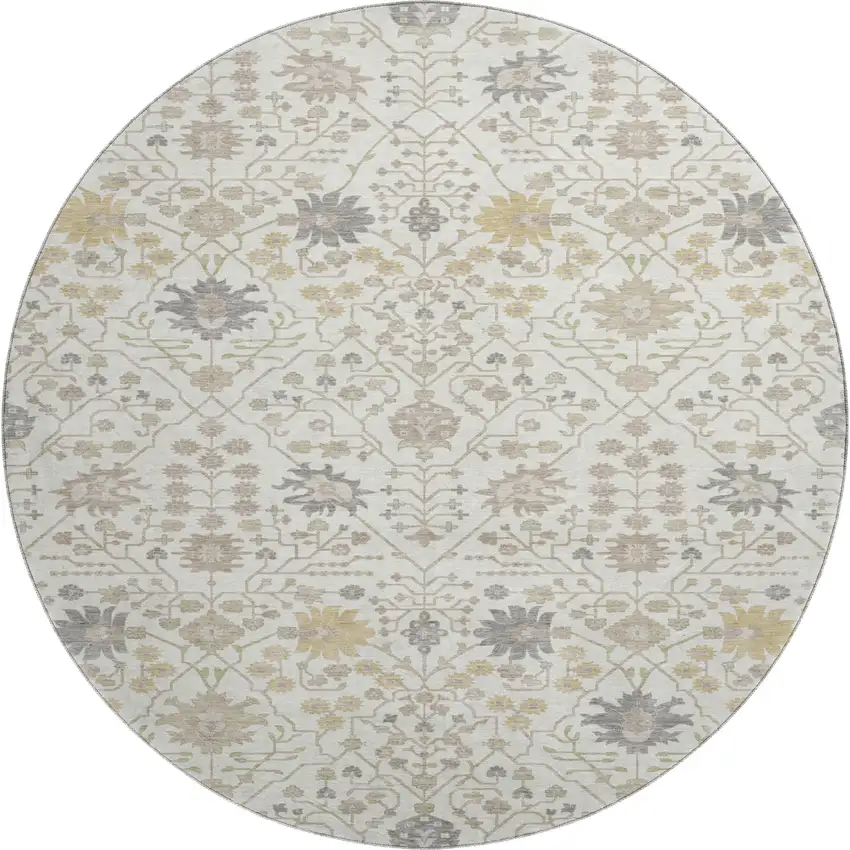 8' Ivory Beige And Gray Oriental Washable Round Rug With UV Protection Photo 1