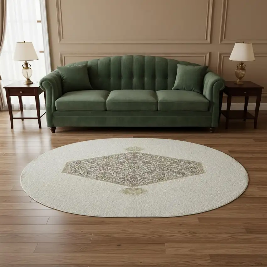 8' Ivory Beige And Gray Oriental Washable Round Rug With UV Protection Photo 2