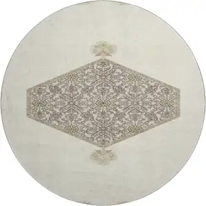 Photo of 8' Ivory Beige And Gray Oriental Washable Round Rug With UV Protection