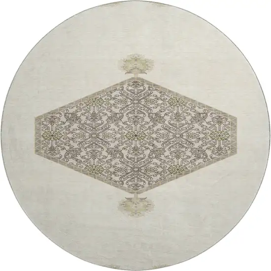 8' Ivory Beige And Gray Oriental Washable Round Rug With UV Protection Photo 1