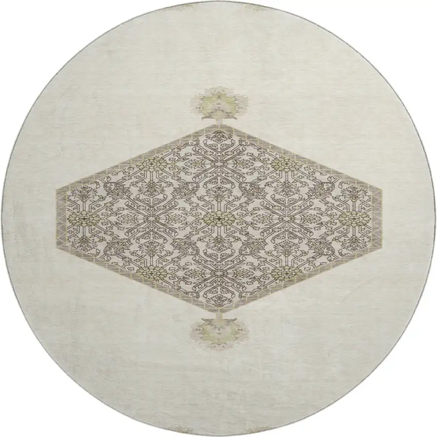 8' Ivory Beige And Gray Oriental Washable Round Rug With UV Protection Photo 1