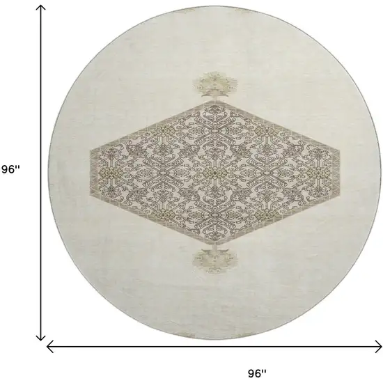 8' Ivory Beige And Gray Oriental Washable Round Rug With UV Protection Photo 9
